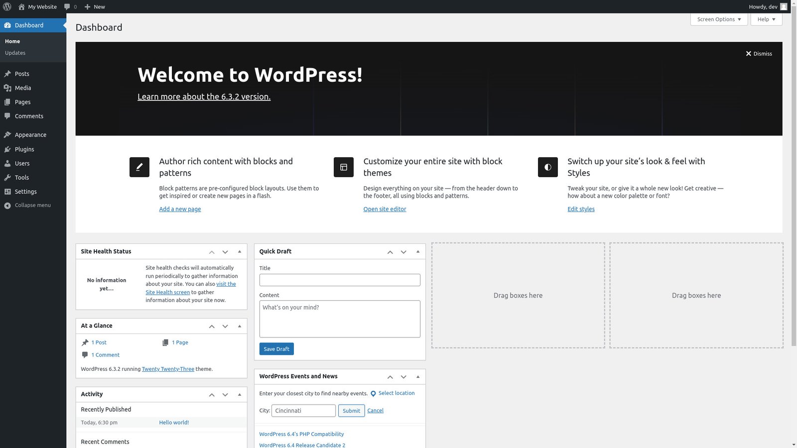 WordPress welcome screen.